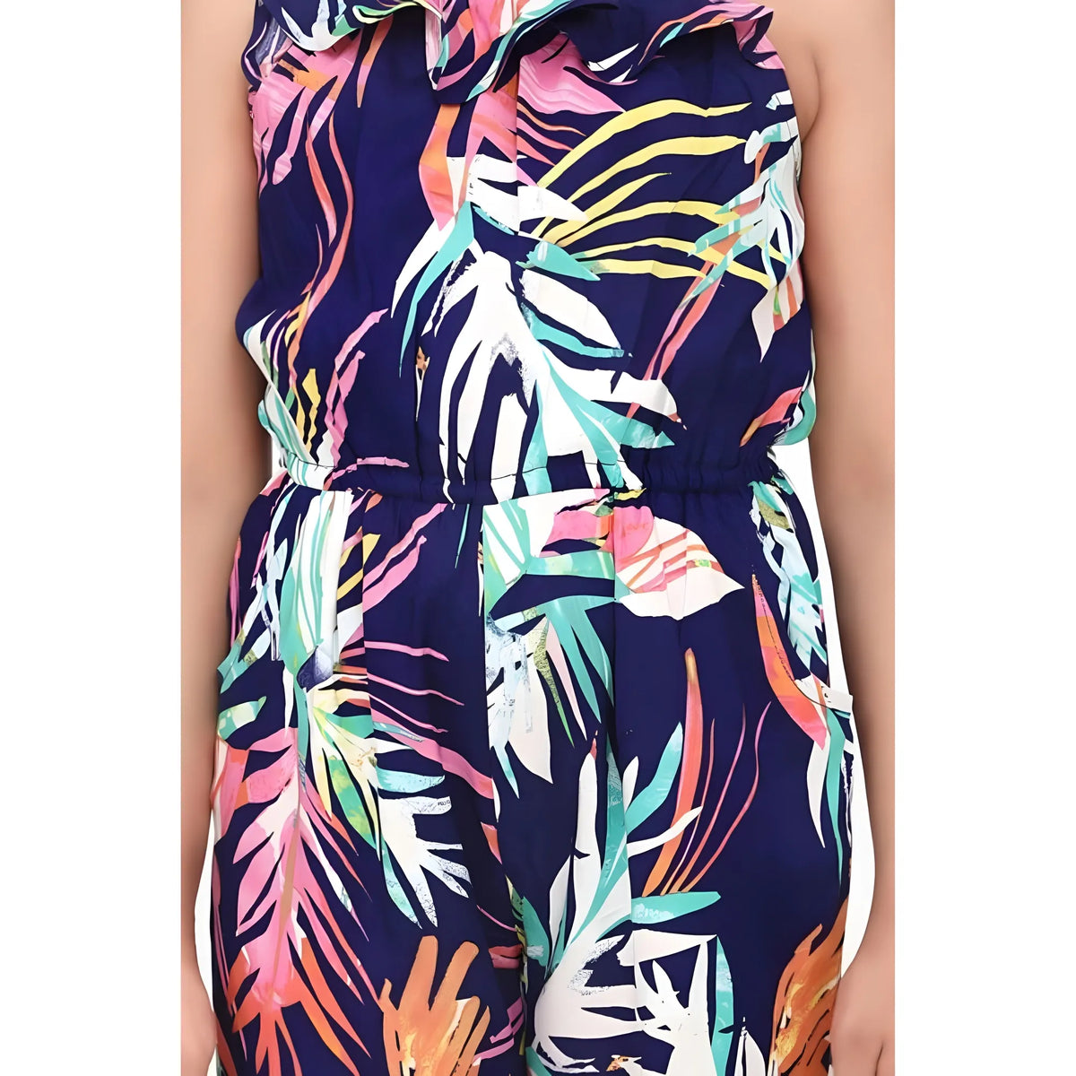 Girl's Rayon Printed Sleeveless Jumpsuit (blue Multicolor) | Kids Signature Collection