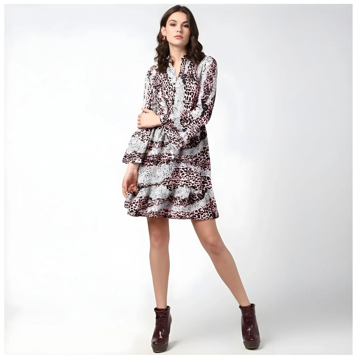 Women's Polyester Animal Print Bell Sleeve Above Knee Dress (pink Black) | Women Signature Collection