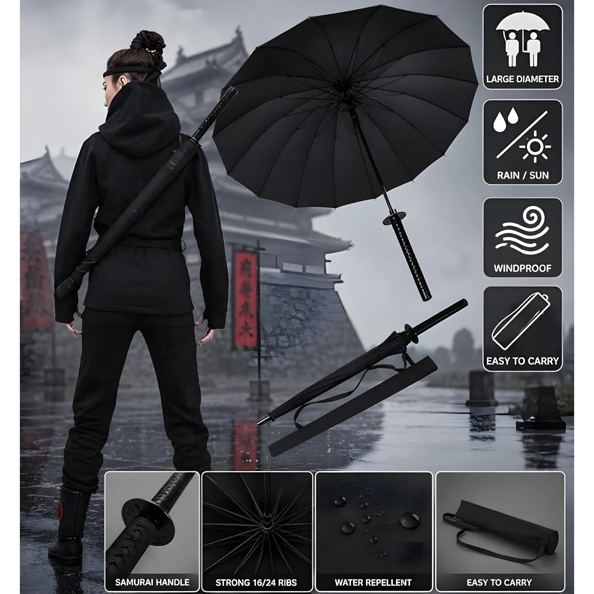 Onyx Essential Metal-Plastic Katana Umbrella