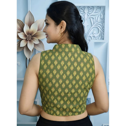 Olive Women's Ajrakh Cotton Ajarkh Sleeveless Collar Neck Padded Readymade Blouse