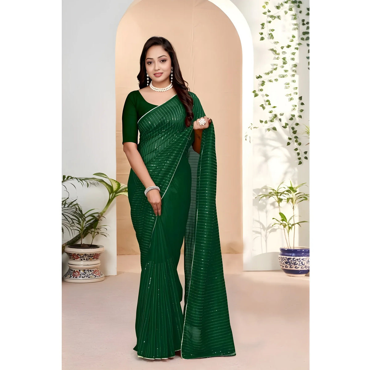 Women's Vichitra Silk Striped Saree With Unstitched Blouse 5.5mtr (green) | Women Signature Collection
