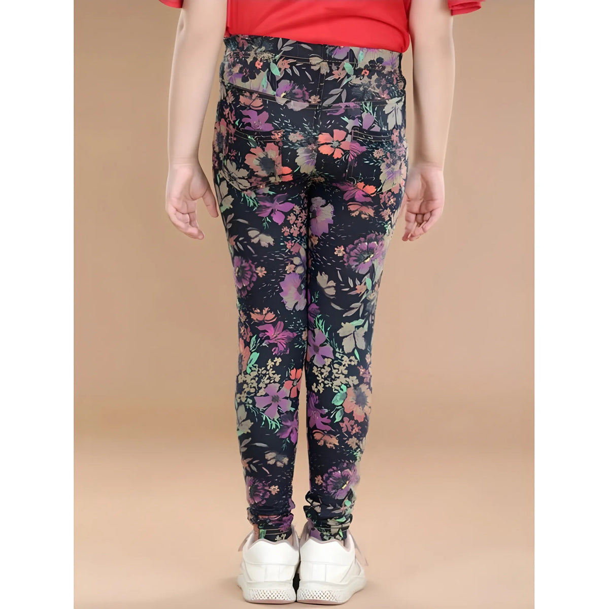Girl's Cotton Lycra Floral Elasticated Jeggings (Multicolor)