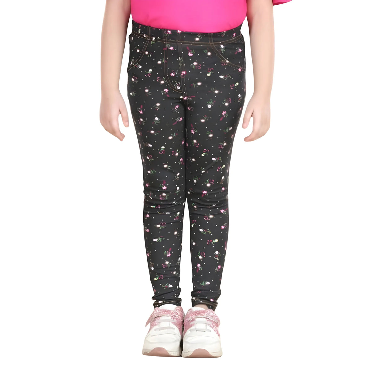 Girl's Cotton Lycra Floral Elasticated Jeggings (Multicolor)