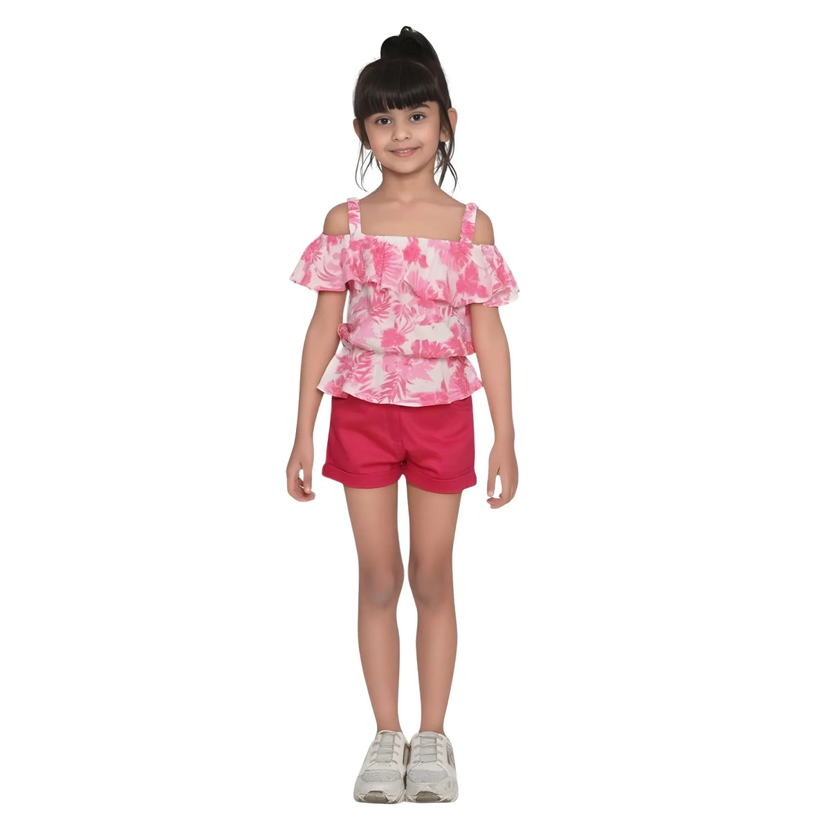 Girl's Cotton Floral Cold Shoulder Top And Shorts Set (pink Red) | Kids Signature Collection