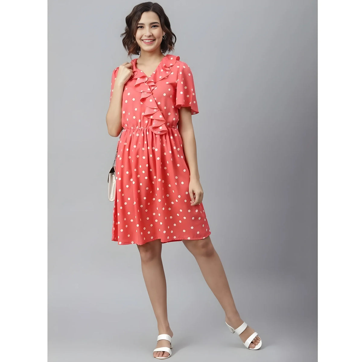 Women's Polyester Polka Flutter Above Knee Dress (coral) | Women Signature Collection