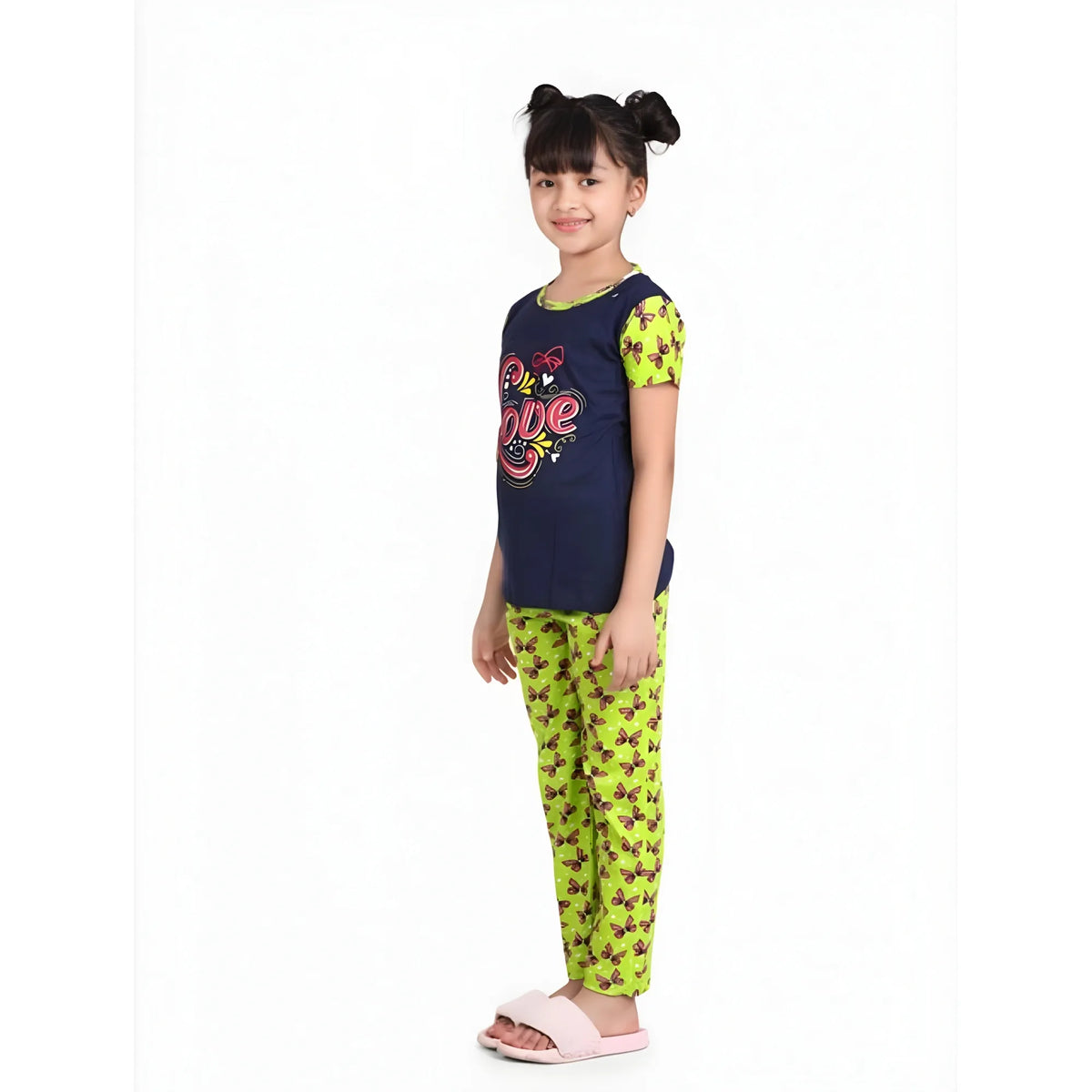 Girl's Cotton Hosiery Printed Night Suit Set (navy Green) | Kids Signature Collection