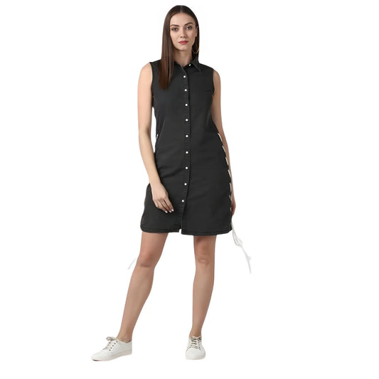 Women's Denim Solid Sleeveless Dress (black) | Women Signature Collection