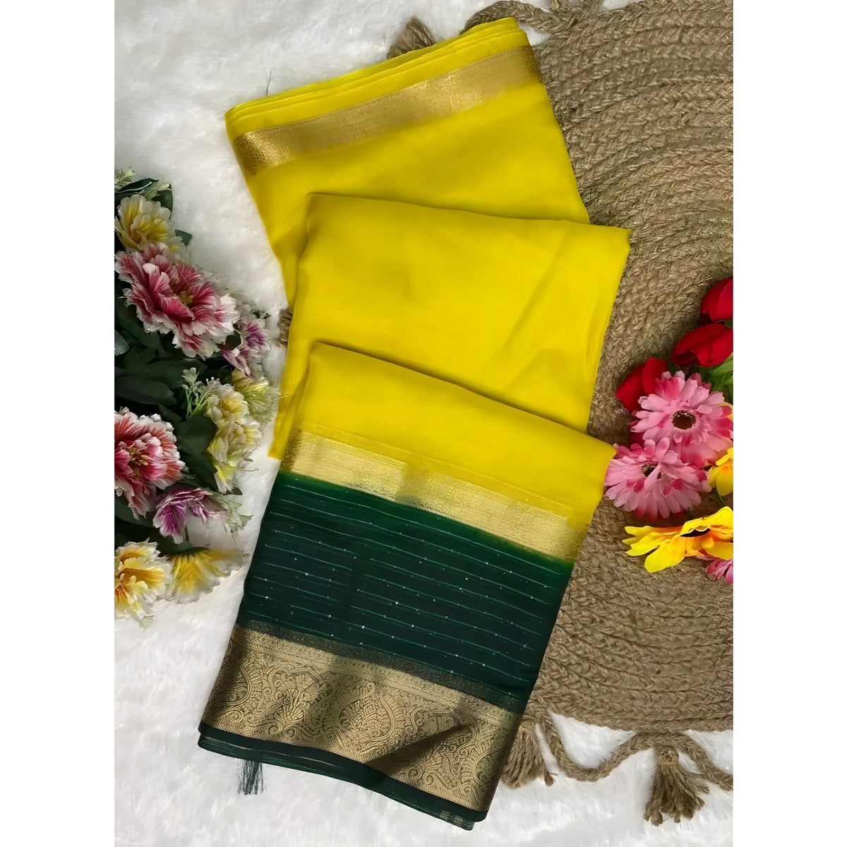 Women's Khadi Cotton Solid Saree With Unstitched Blouse 5.5mtr (yellow) | Women Signature Collection
