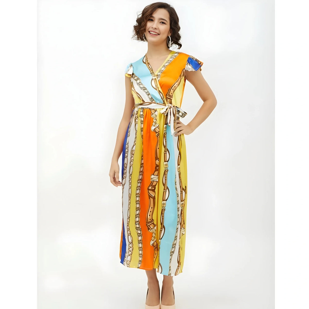 Women's Satin Chain Print Cap Sleeve Calf Length Dress (multicolor) | Women Signature Collection