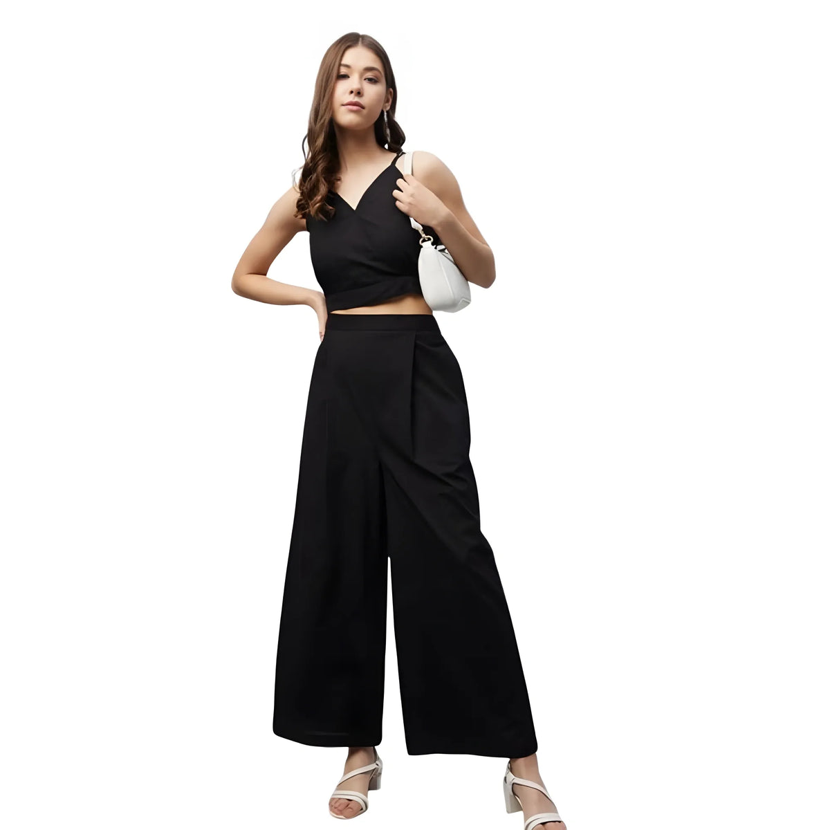 Women's Cotton Linen Solid Sleeveless Crop Top And Palazzo Set (black) | Women Signature Collection