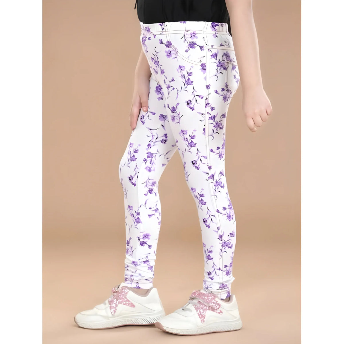 Girl's Cotton Lycra Floral Elasticated Jeggings (White-Lavender)