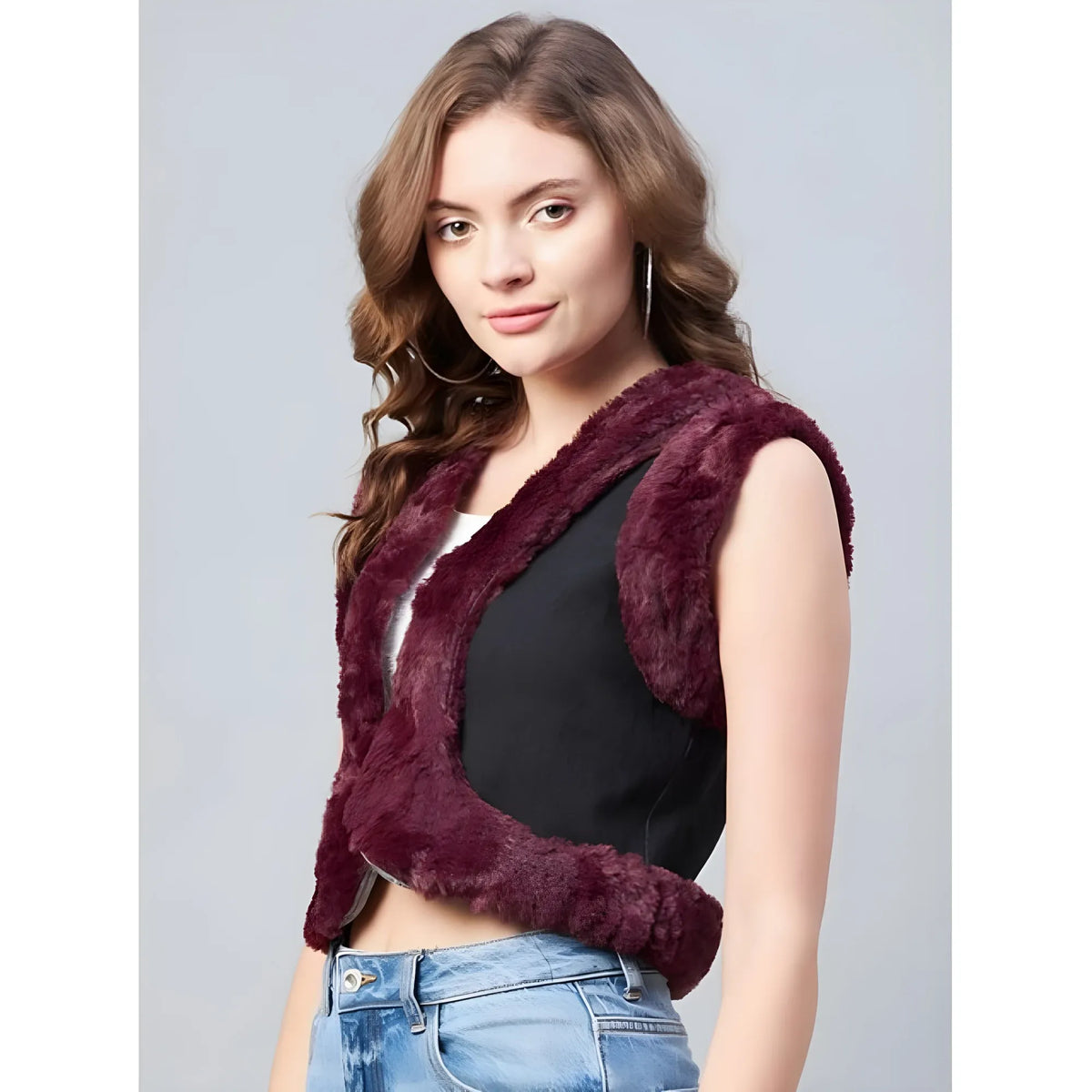 Women's Denim And Fur Solid Sleeveless Shrug (black Maroon) | Women Signature Collection