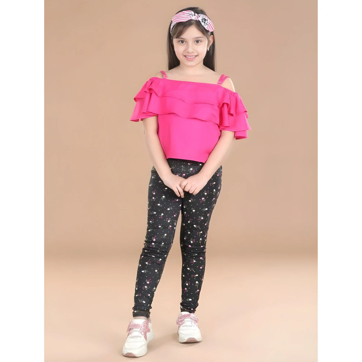 Girl's Cotton Floral Elasticated Jegging And Top Set (pink) | Kids Signature Collection