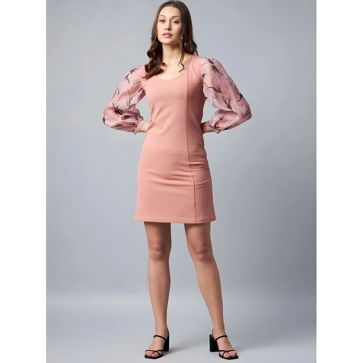 Women's Polyester Lycra And Organza Floral Balloon Sleeve Dress (pink) | Women Signature Collection
