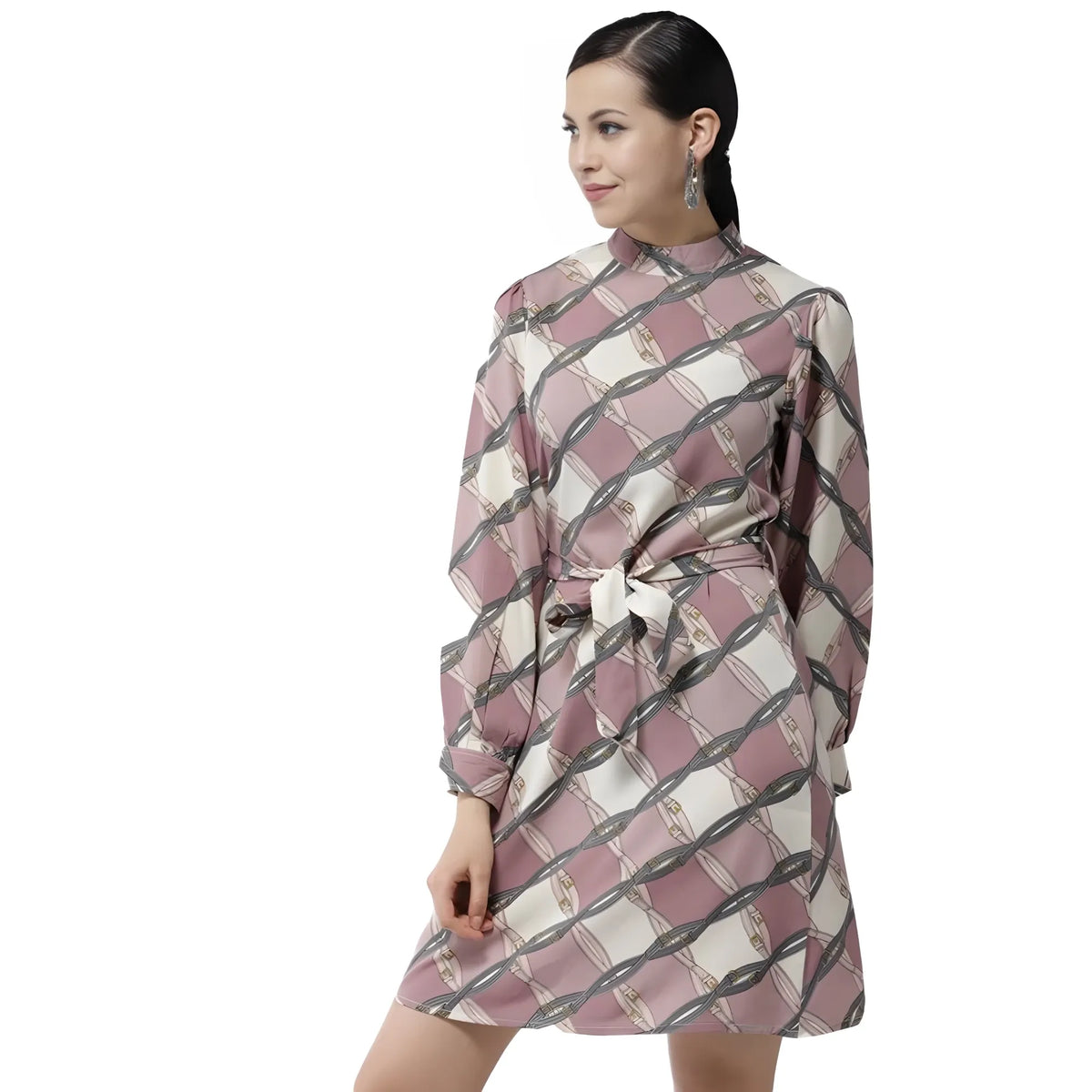 Women's Polyester Checkered Long Sleeves Above Knee Dress (off White Lavender) | Women Signature Collection