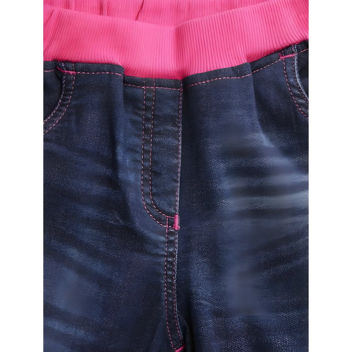 Girl's Denim Ribbed Elasticated Shorts (Pink-Blue)
