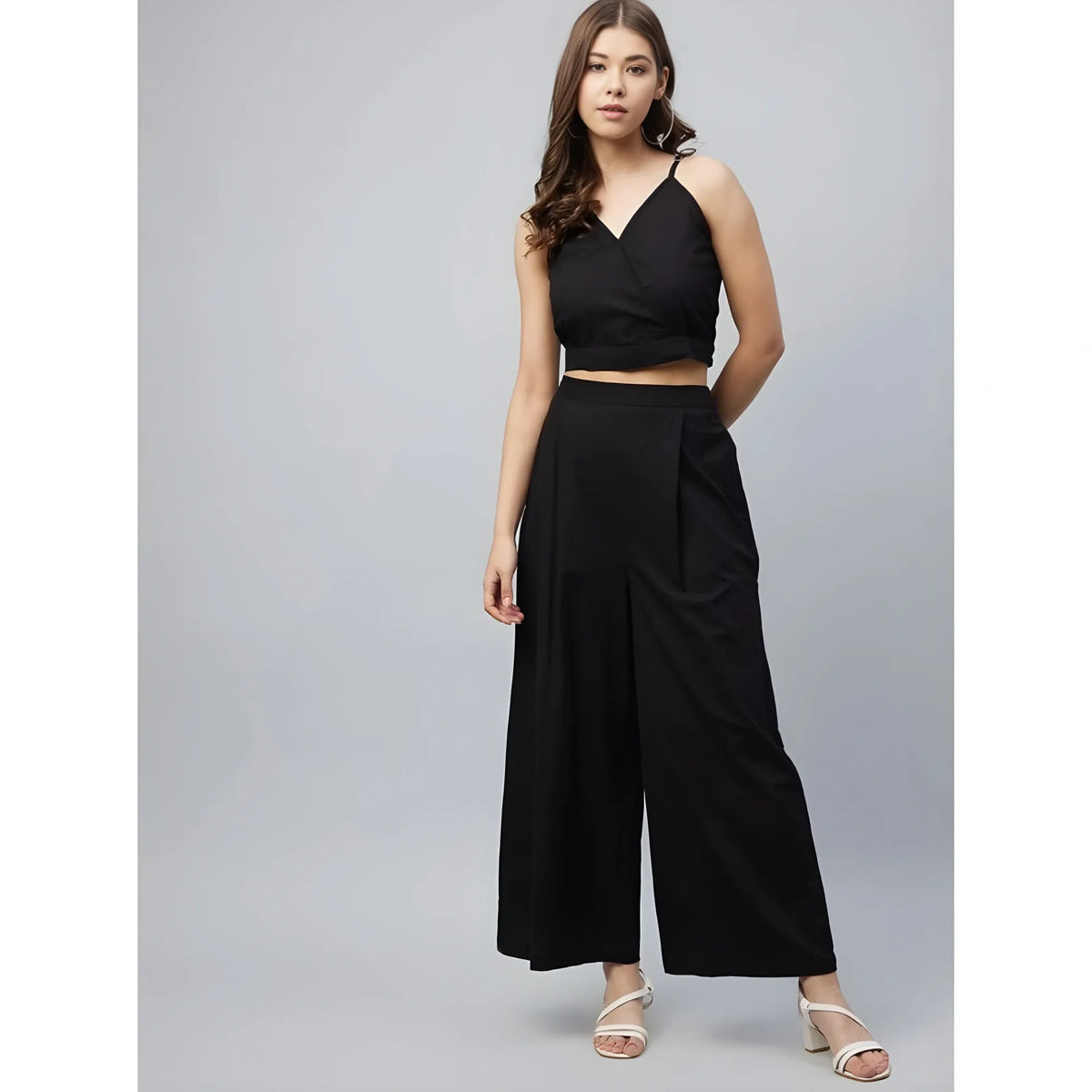 Women's Cotton Linen Solid Sleeveless Crop Top And Palazzo Set (black) | Women Signature Collection