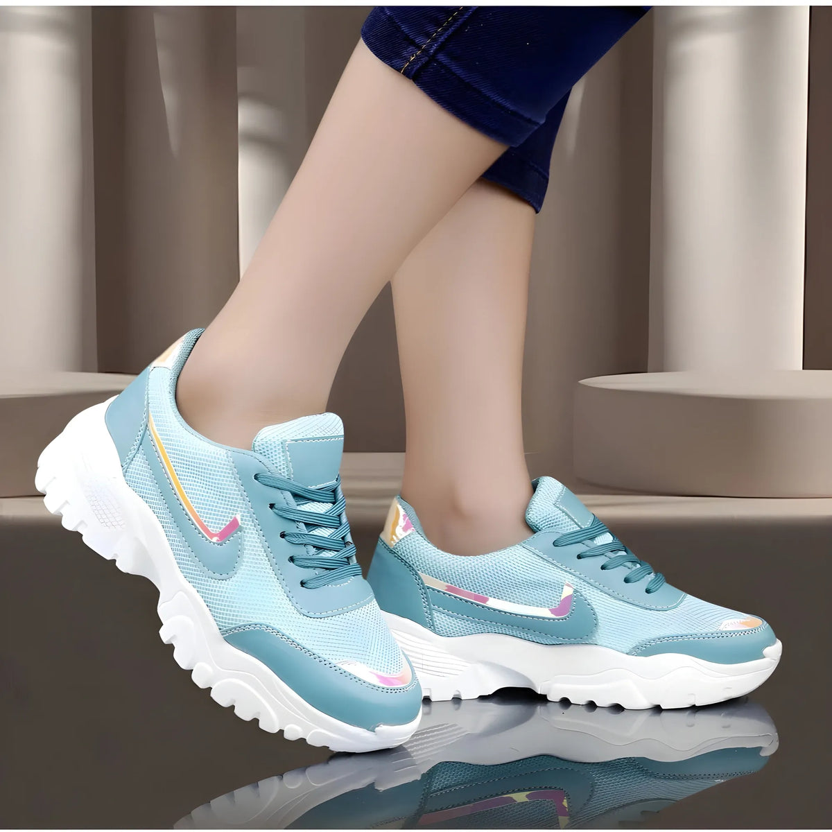Women's Casual Mesh Printed Lace-Ups Shoes (Blue)