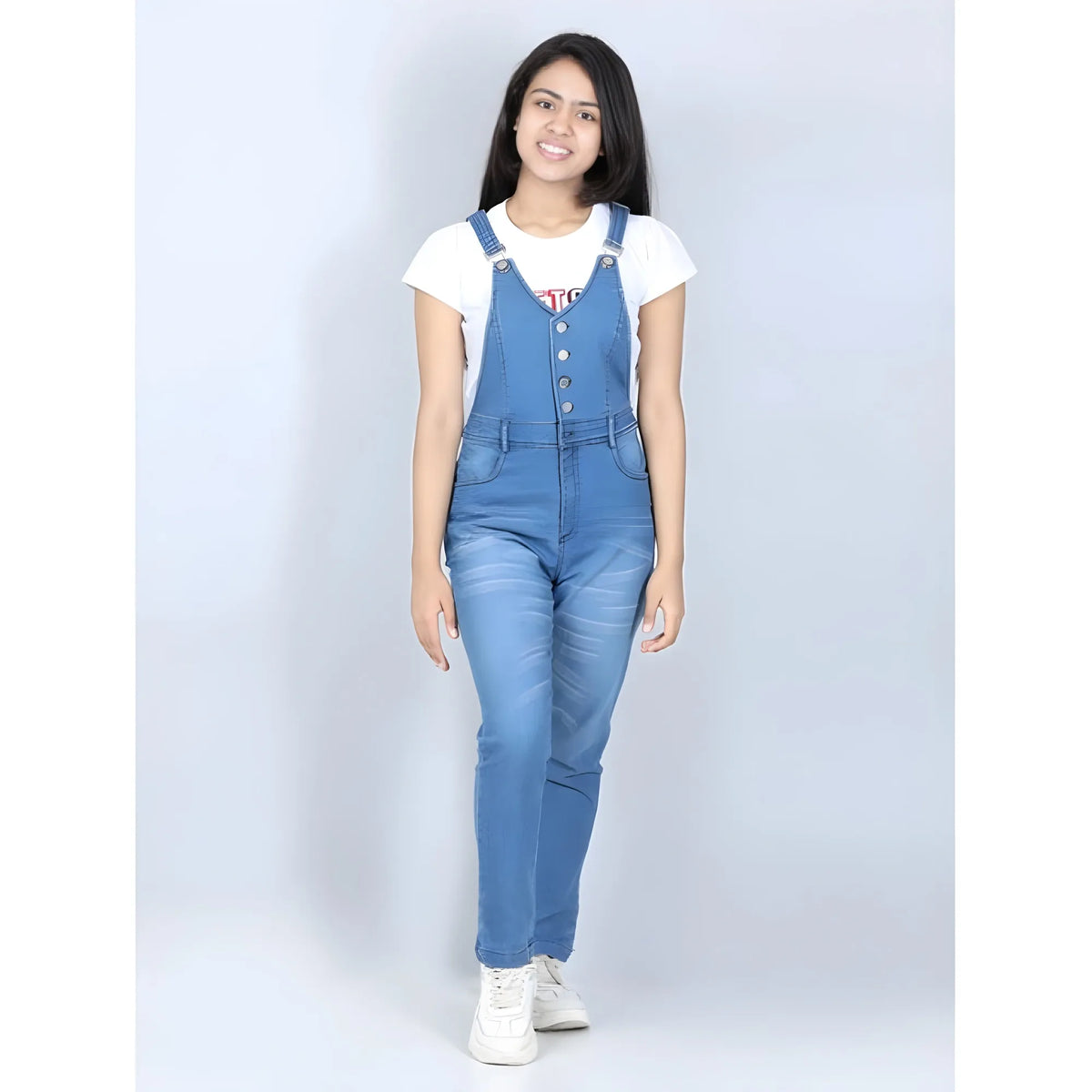 Girl's Denim Solid Buttoned Dungaree (blue) | Kids Signature Collection