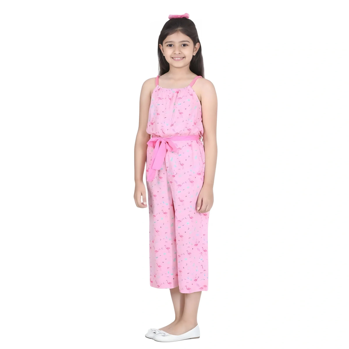 Girl's Rayon Flamingo Print Sleeveless Jumpsuit (pink) | Kids Signature Collection