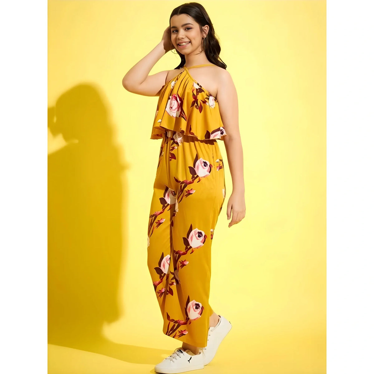 Girl's Polyester Crepe Floral Sleeveless Jumpsuit (mustard) | Kids Signature Collection