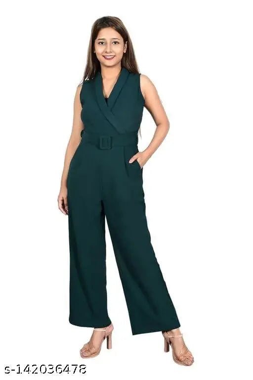 Dark Green Comfortable And Breathable Sleeveless Plain Cotton Jumpsuit For Ladies,Comfy Glamorous Women Jumpsuits,Women's Solid V-Neck Sleeveless Jumpsuit,Solid V-Neck Sleeveless Jumpsuit For Women