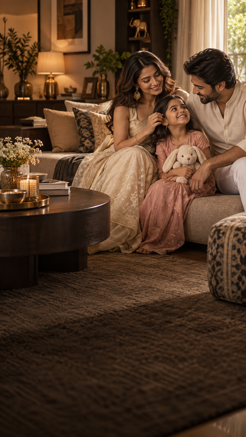 Indian family in a warm contemporary living room representing Navura lifestyle