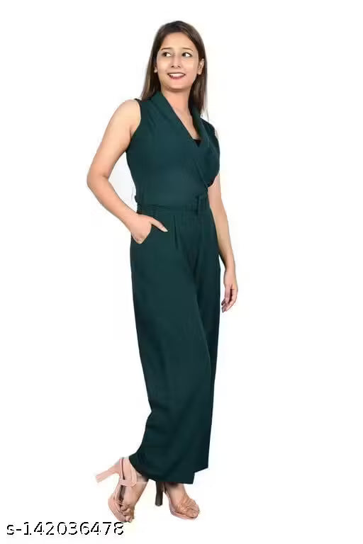 Dark Green Comfortable And Breathable Sleeveless Plain Cotton Jumpsuit For Ladies,Comfy Glamorous Women Jumpsuits,Women's Solid V-Neck Sleeveless Jumpsuit,Solid V-Neck Sleeveless Jumpsuit For Women
