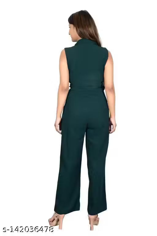 Dark Green Comfortable And Breathable Sleeveless Plain Cotton Jumpsuit For Ladies,Comfy Glamorous Women Jumpsuits,Women's Solid V-Neck Sleeveless Jumpsuit,Solid V-Neck Sleeveless Jumpsuit For Women