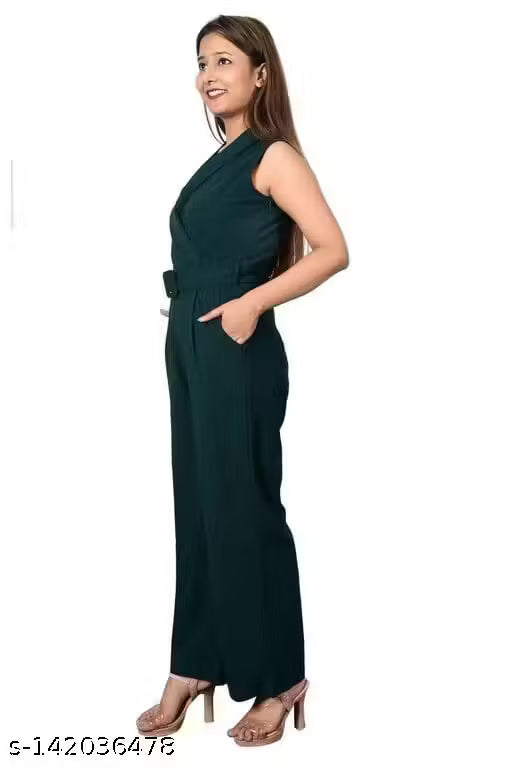 Dark Green Comfortable And Breathable Sleeveless Plain Cotton Jumpsuit For Ladies,Comfy Glamorous Women Jumpsuits,Women's Solid V-Neck Sleeveless Jumpsuit,Solid V-Neck Sleeveless Jumpsuit For Women